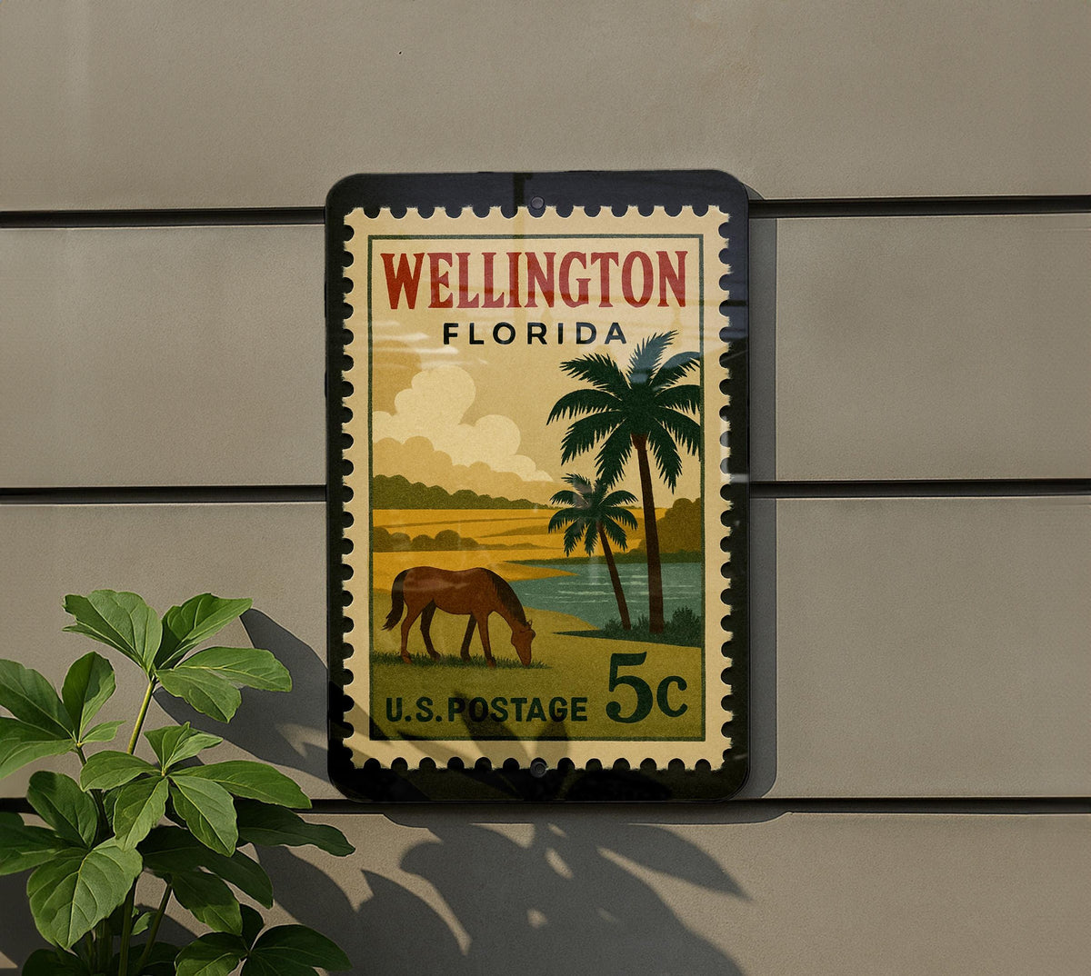 Wellington Florida Metal Sign Featuring Retro Postage Stamp Design with Palm Trees and Equestrian Theme Décor — photo 5