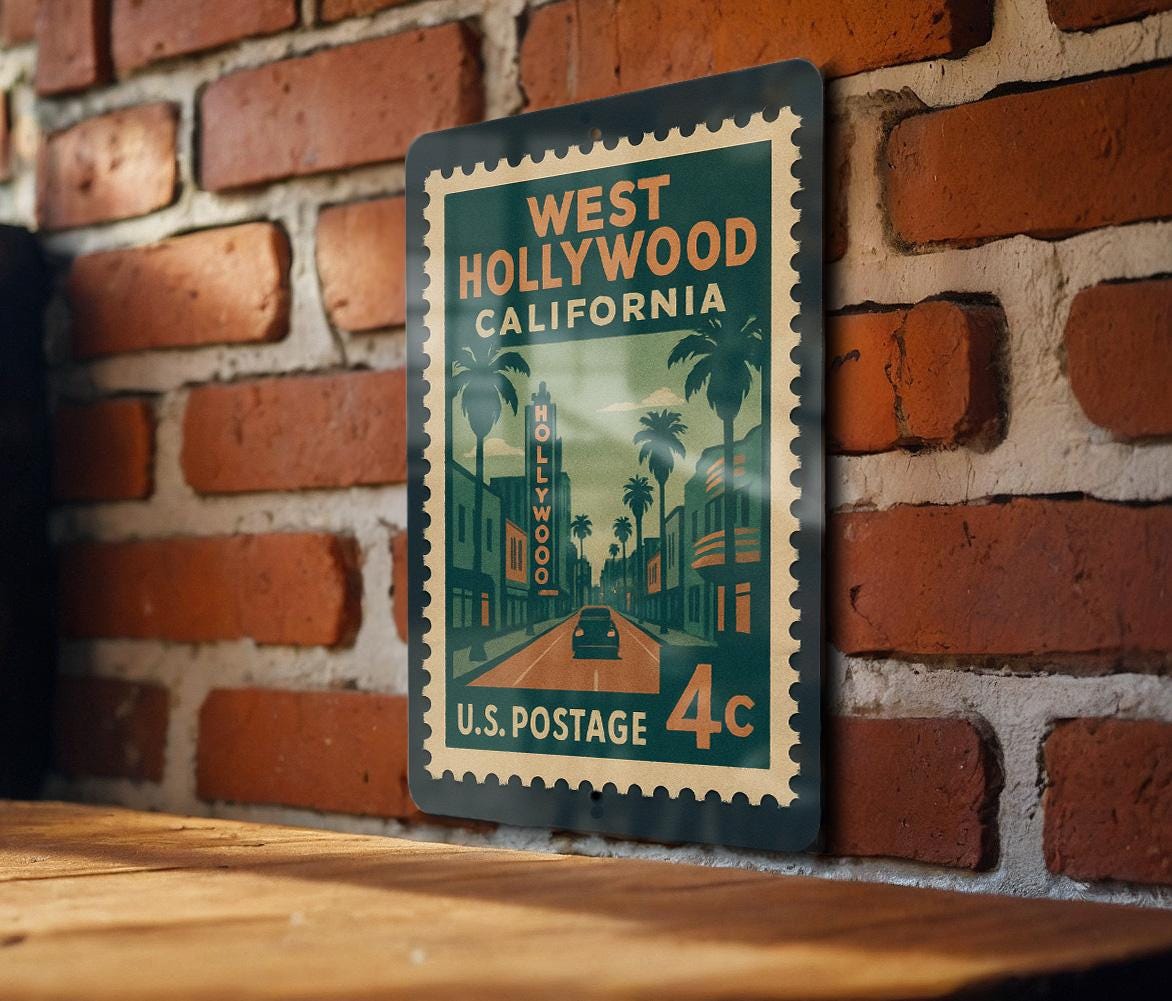 West Hollywood California Postage Stamp Metal Sign – Retro Travel-Inspired West Coast Wall Decor — photo 1