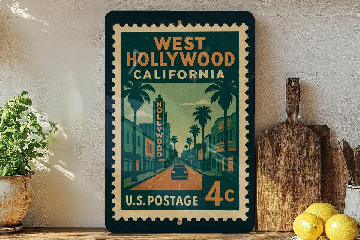 West Hollywood California Postage Stamp Metal Sign – Retro Travel-Inspired West Coast Wall Decor — photo 3