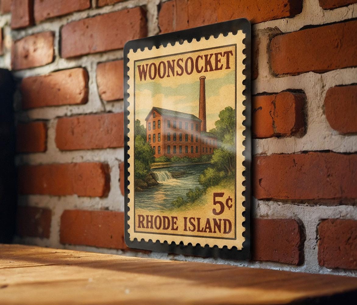 Woonsocket Rhode Island Metal Sign – Retro Postage Stamp Design Featuring City Name and Scenic Landmark Elements — photo 1
