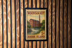 Woonsocket Rhode Island Metal Sign – Retro Postage Stamp Design Featuring City Name and Scenic Landmark Elements — photo 2