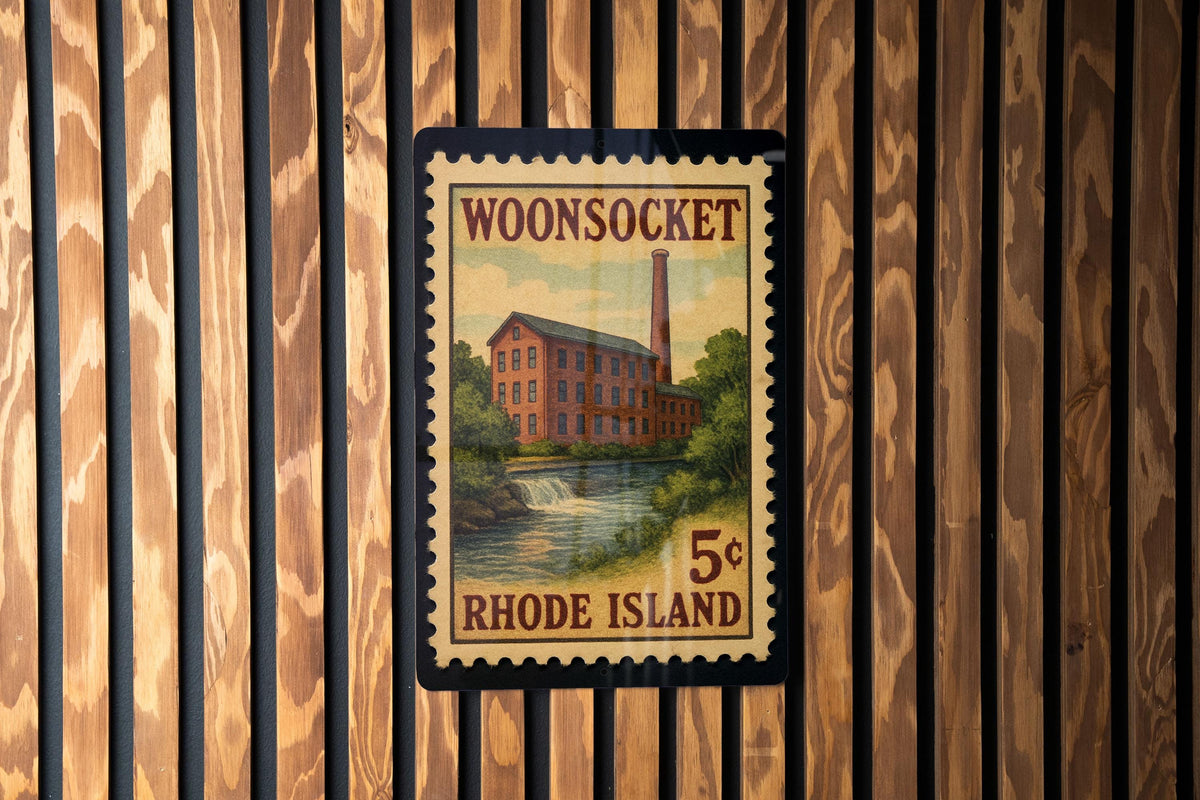 Woonsocket Rhode Island Metal Sign – Retro Postage Stamp Design Featuring City Name and Scenic Landmark Elements — photo 2