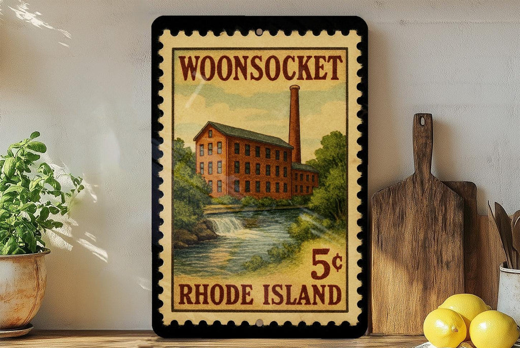 Woonsocket Rhode Island Metal Sign – Retro Postage Stamp Design Featuring City Name and Scenic Landmark Elements — photo 3