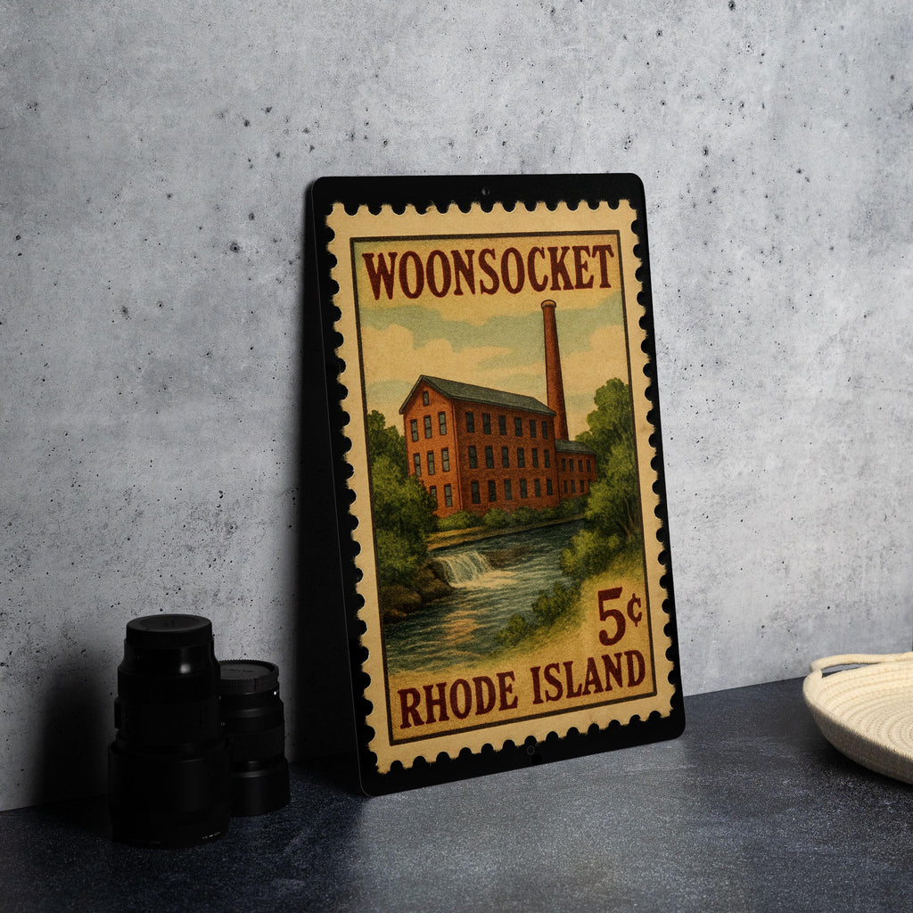 Woonsocket Rhode Island Metal Sign – Retro Postage Stamp Design Featuring City Name and Scenic Landmark Elements — photo 4