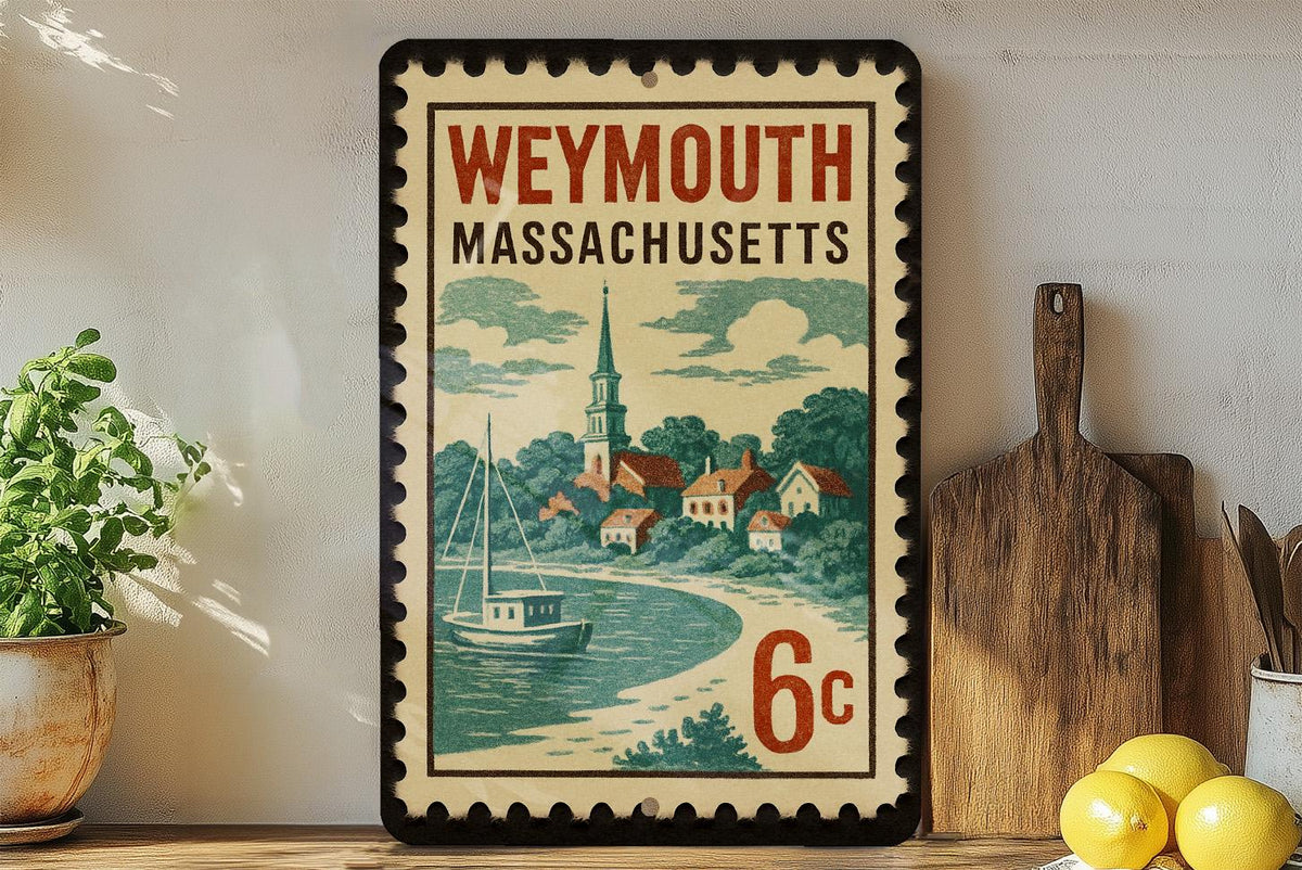 Weymouth Massachusetts Metal Sign – Retro Postage Stamp Featuring Coastal Town Scene and Historic Landmarks Decor — photo 2