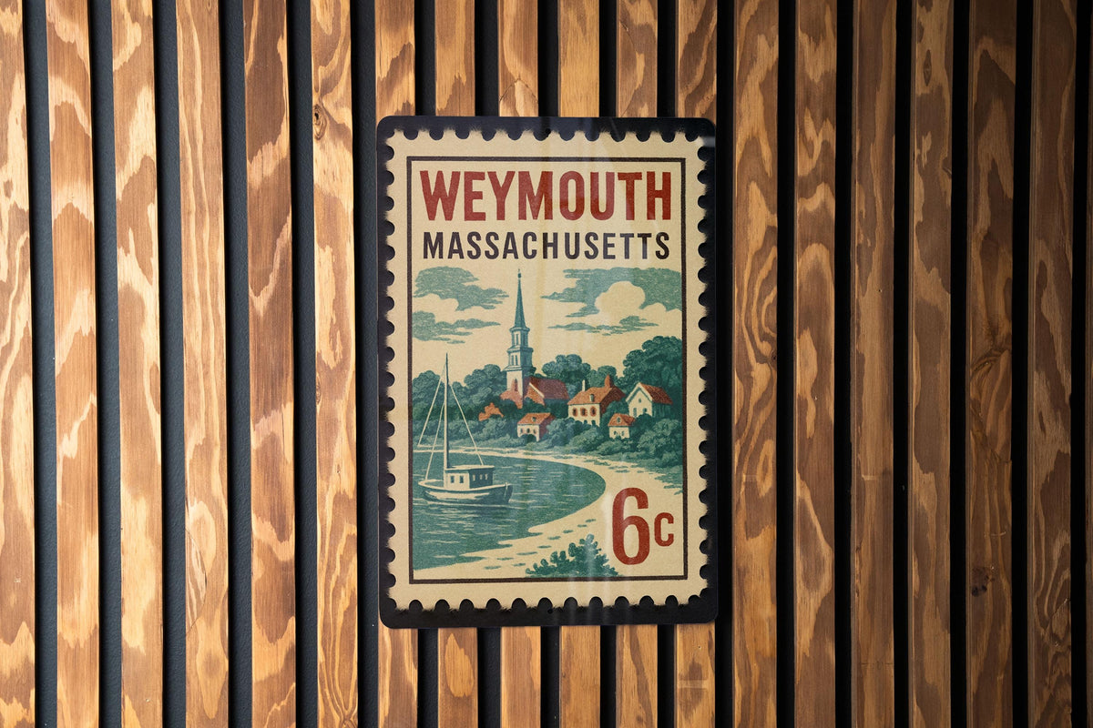 Weymouth Massachusetts Metal Sign – Retro Postage Stamp Featuring Coastal Town Scene and Historic Landmarks Decor — photo 3