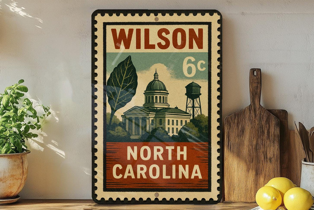 Wilson North Carolina Metal Sign – Retro Postage Stamp Design Featuring Town Landmark and Scenic Details — photo 1