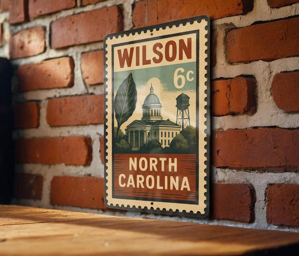 Wilson North Carolina Metal Sign – Retro Postage Stamp Design Featuring Town Landmark and Scenic Details — photo 2