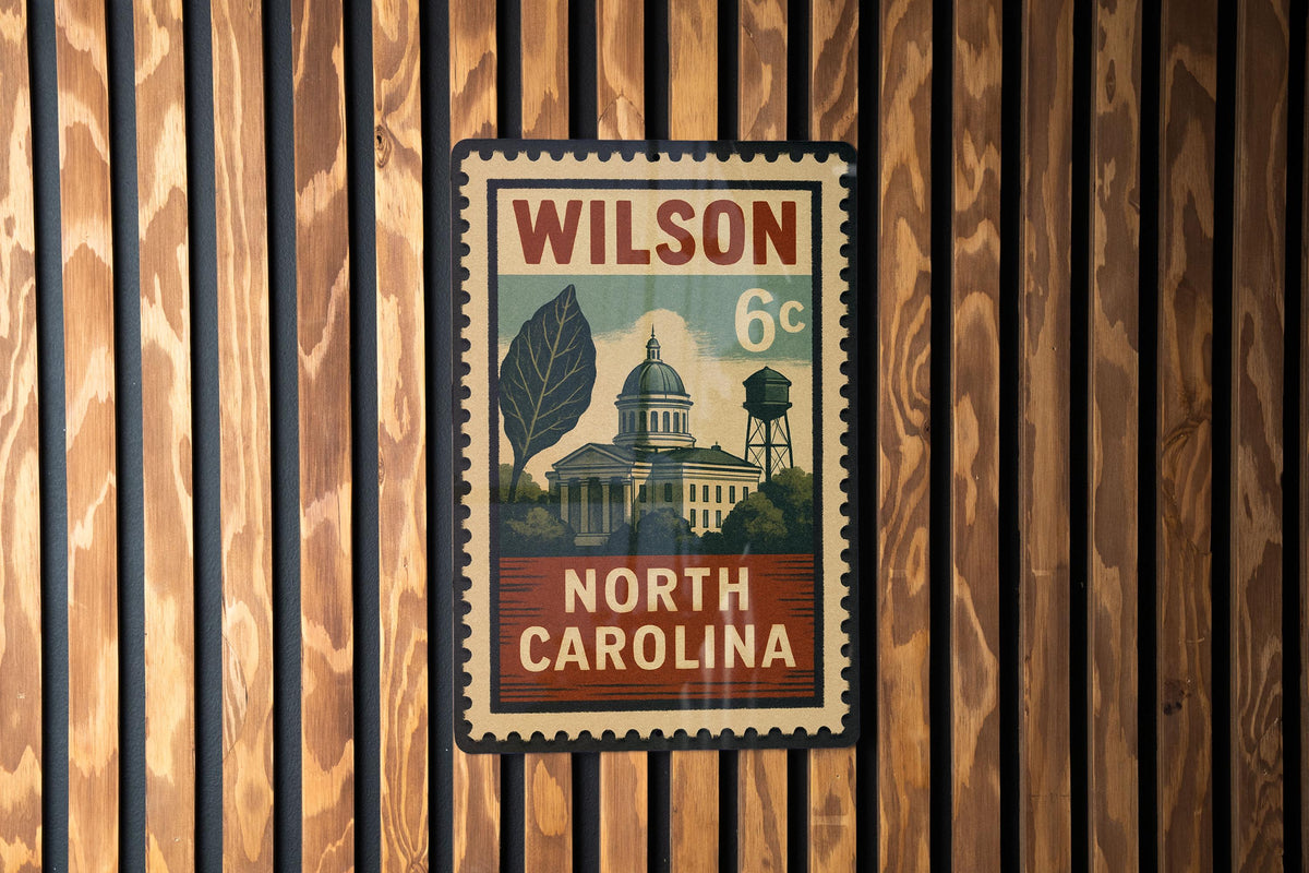Wilson North Carolina Metal Sign – Retro Postage Stamp Design Featuring Town Landmark and Scenic Details — photo 3