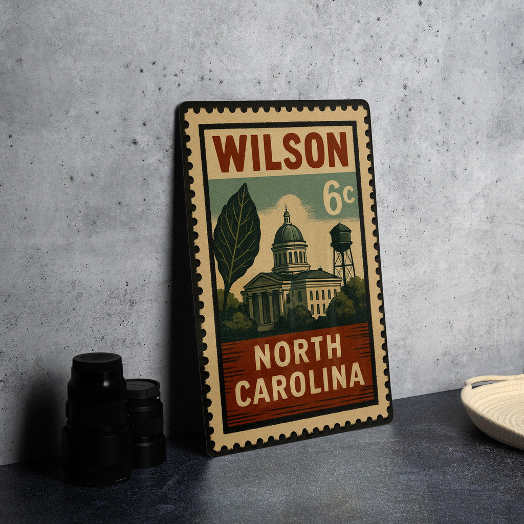 Wilson North Carolina Metal Sign – Retro Postage Stamp Design Featuring Town Landmark and Scenic Details — photo 4