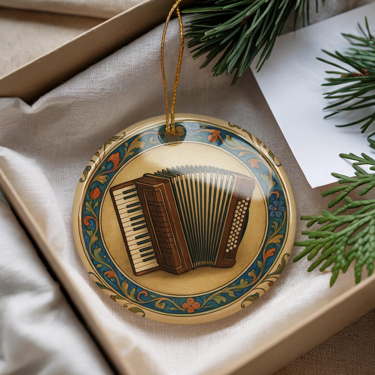 Accordion Ceramic Ornament – Iconic Landmark Framed by Circular Illuminated Manuscript Border — photo 2