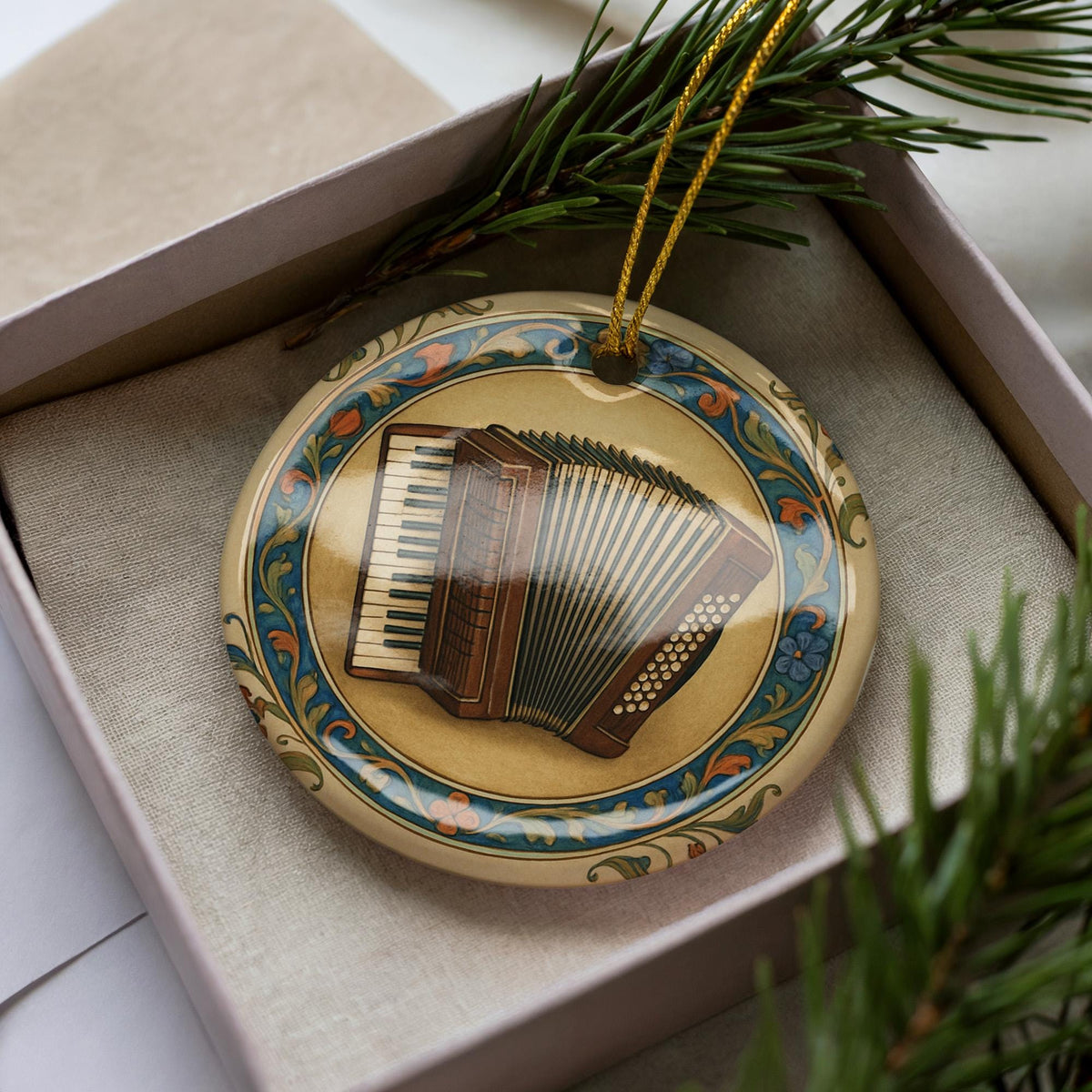Accordion Ceramic Ornament – Iconic Landmark Framed by Circular Illuminated Manuscript Border — photo 3