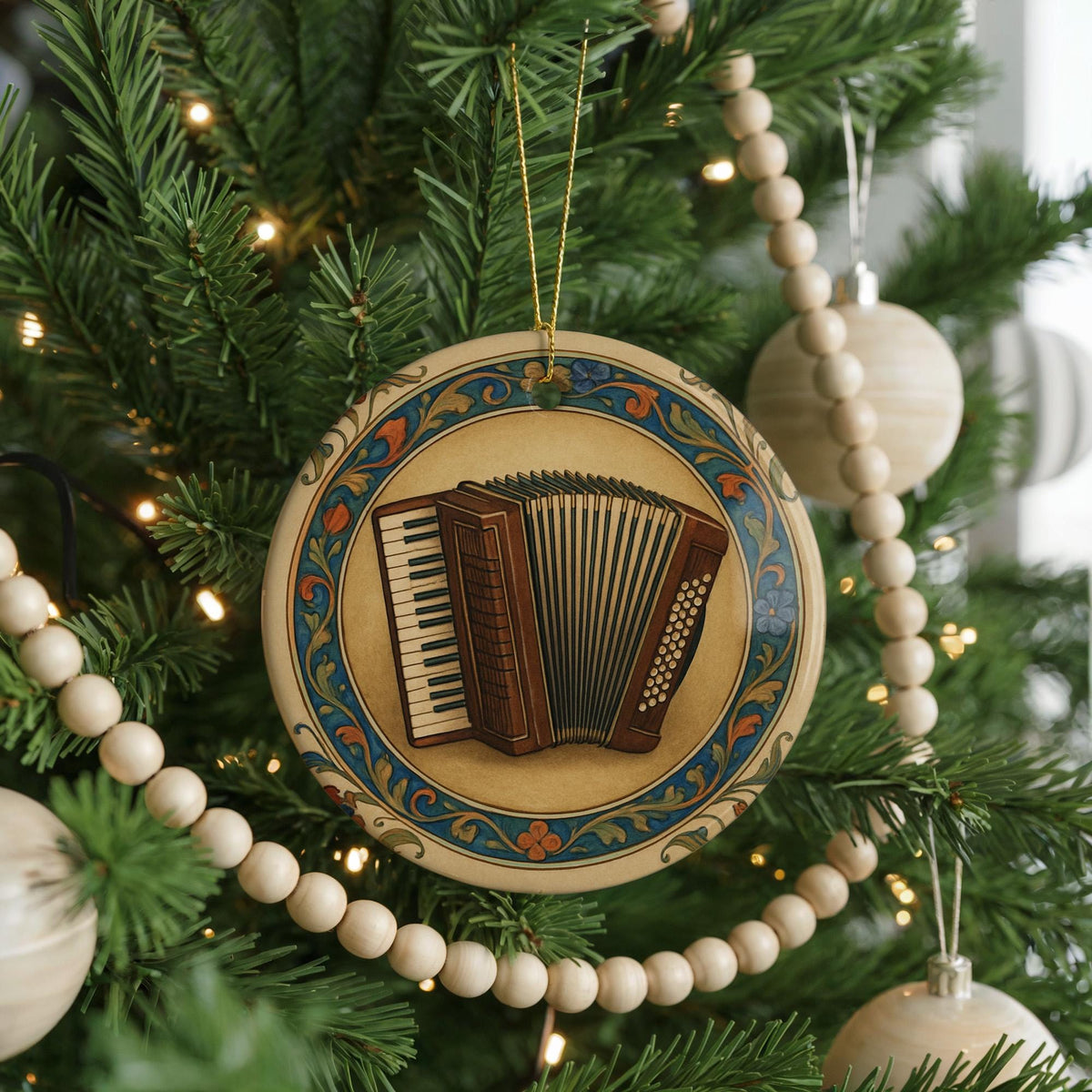 Accordion Ceramic Ornament – Iconic Landmark Framed by Circular Illuminated Manuscript Border — photo 4