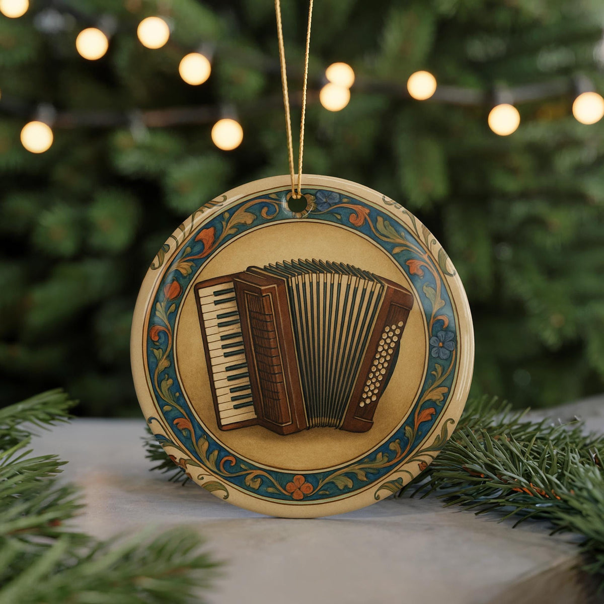 Accordion Ceramic Ornament – Iconic Landmark Framed by Circular Illuminated Manuscript Border — photo 5