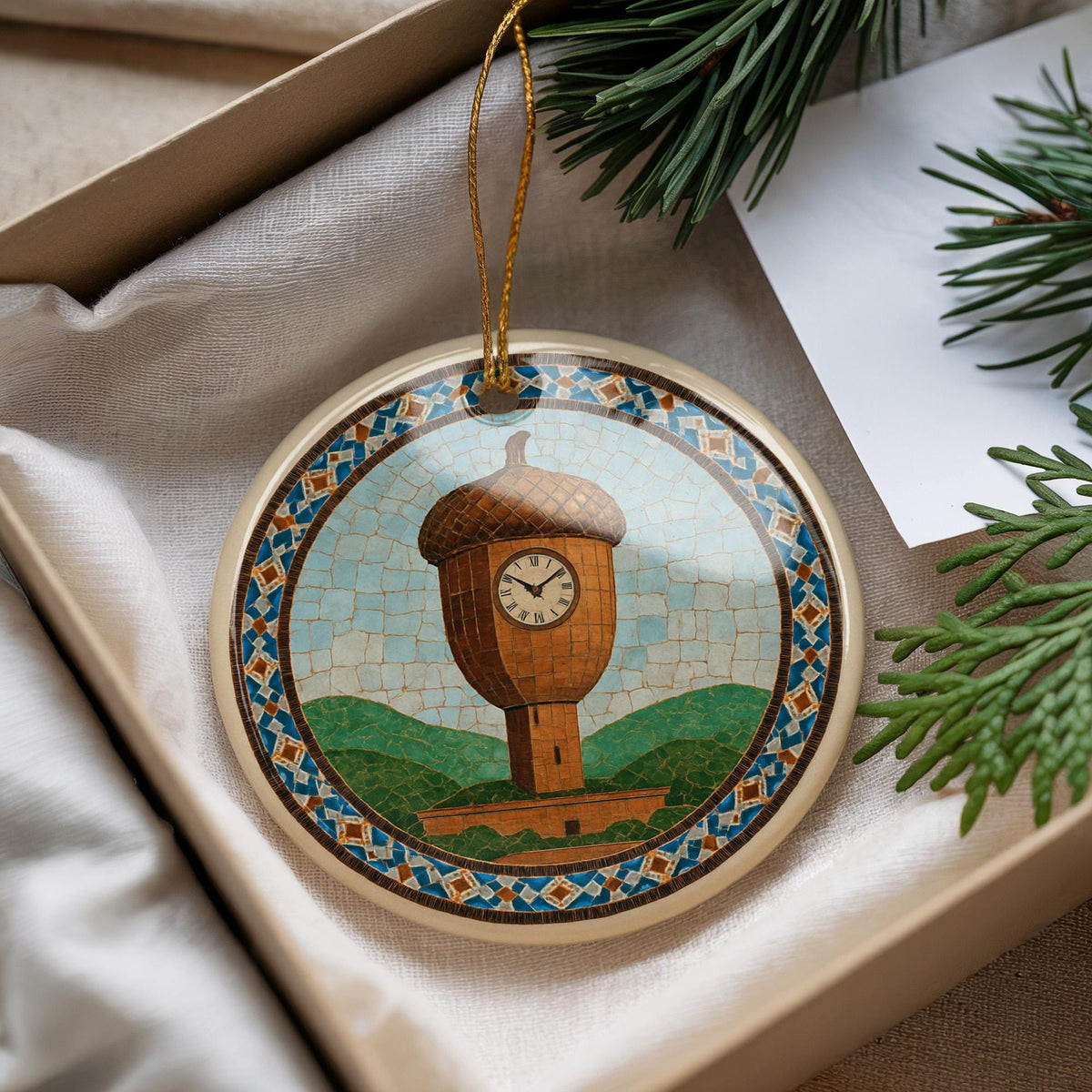 Acorn Landmark Ceramic Ornament Featuring Circular Moroccan Zellige Mosaic Medallion Design — photo 3