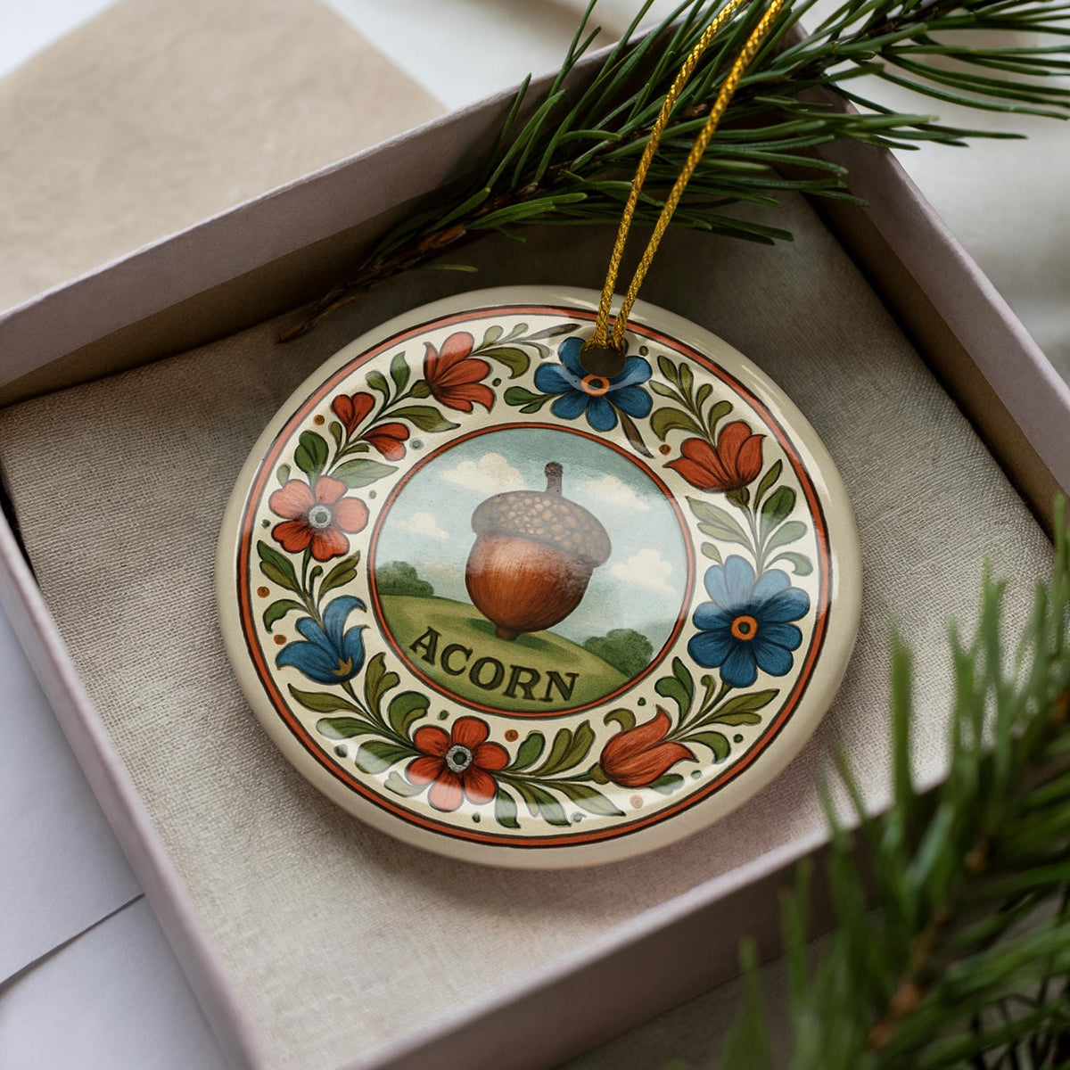 Acorn Landmark Ceramic Ornament with Circular Floral Border and Scandinavian-Inspired Acorn Motif — photo 3