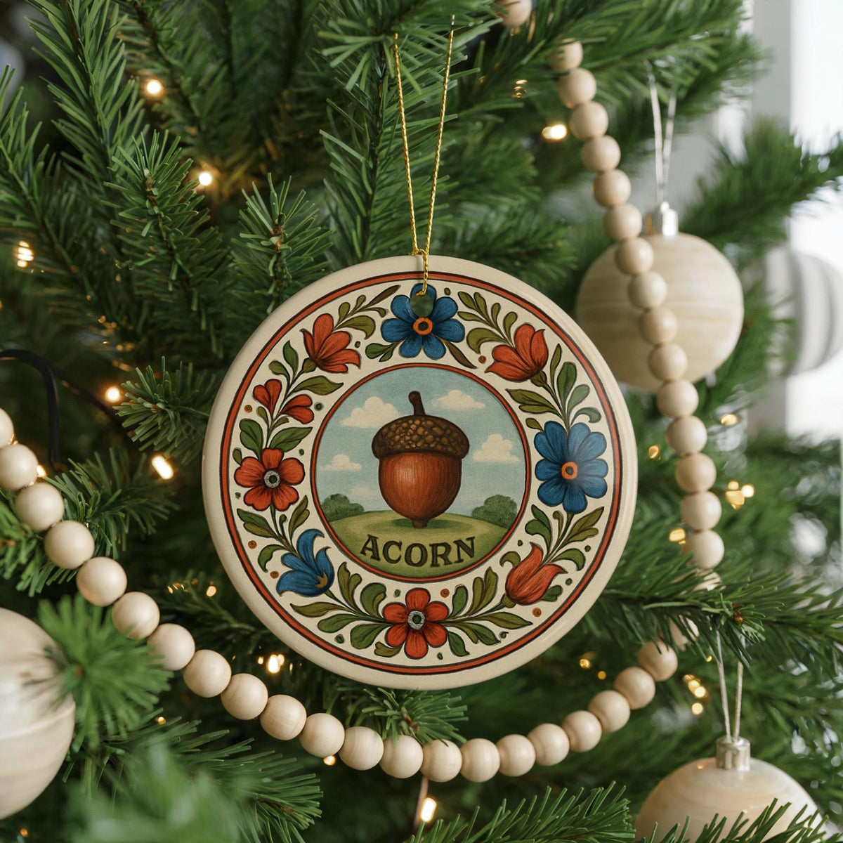 Acorn Landmark Ceramic Ornament with Circular Floral Border and Scandinavian-Inspired Acorn Motif — photo 4