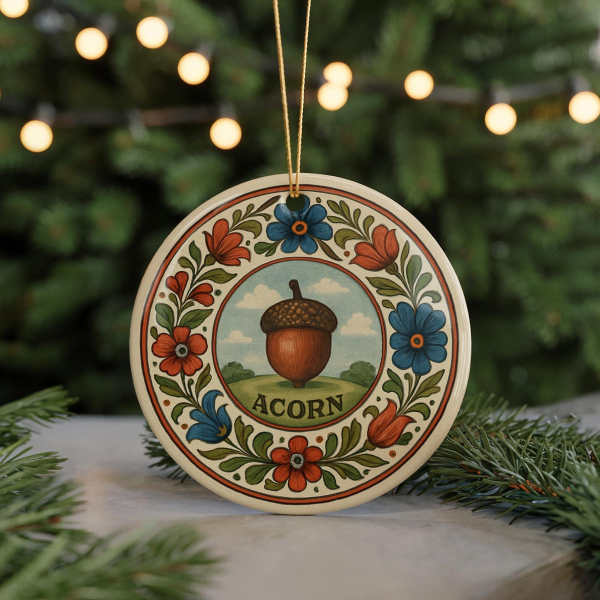 Acorn Landmark Ceramic Ornament with Circular Floral Border and Scandinavian-Inspired Acorn Motif — photo 5