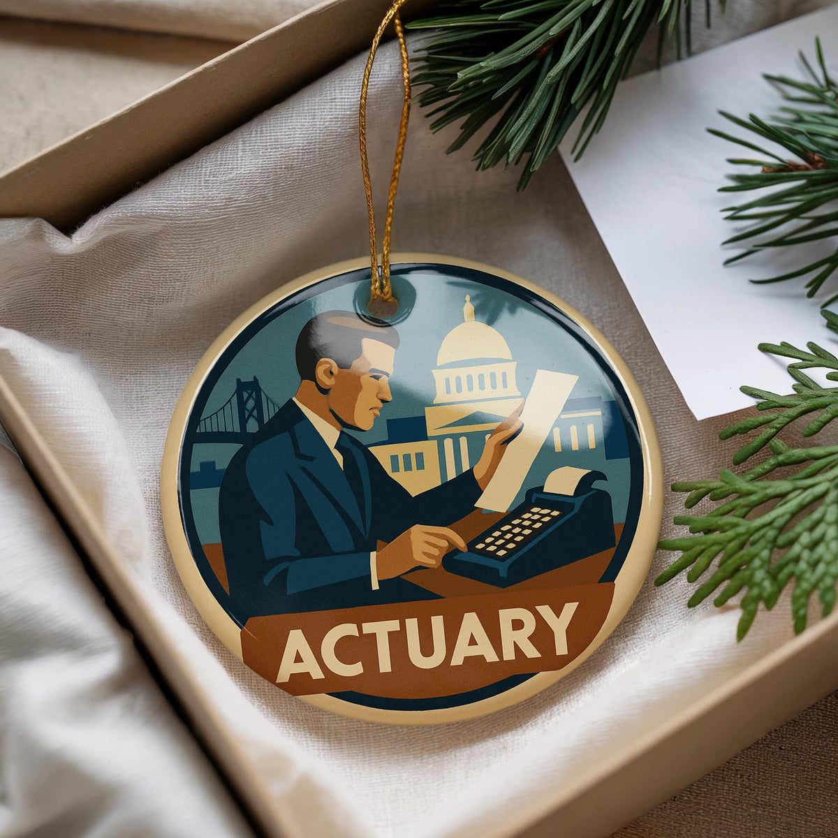 Actuary Landmark Ceramic Ornament – Vintage Circular Design Featuring Iconic Actuary Scene or View — photo 1