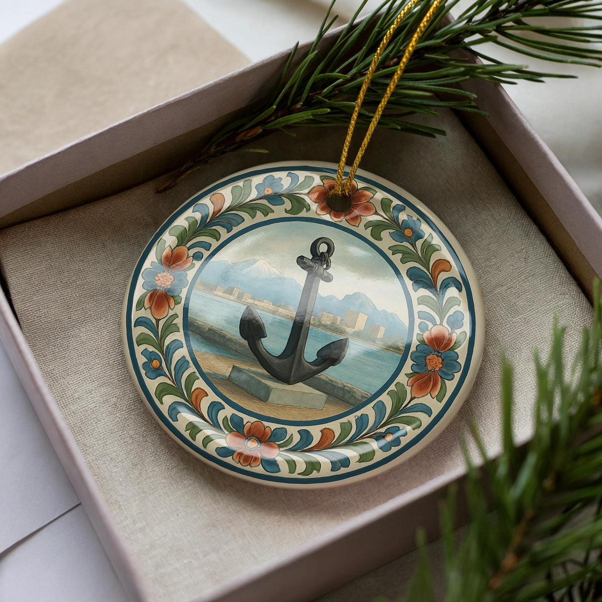 Anchor Landmark Ceramic Ornament with Circular Floral Border – Nautical Keepsake Featuring Iconic Anchor View — photo 1