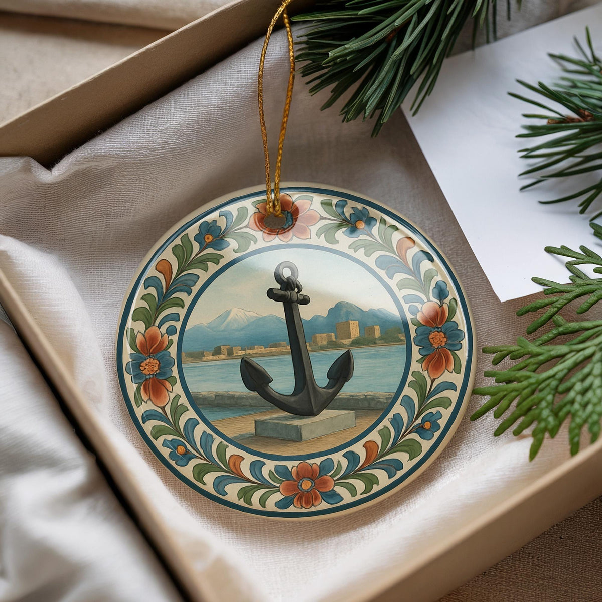Anchor Landmark Ceramic Ornament with Circular Floral Border – Nautical Keepsake Featuring Iconic Anchor View — photo 2