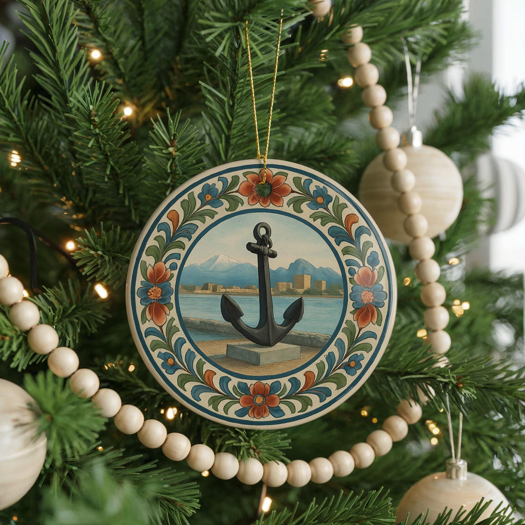 Anchor Landmark Ceramic Ornament with Circular Floral Border – Nautical Keepsake Featuring Iconic Anchor View — photo 4