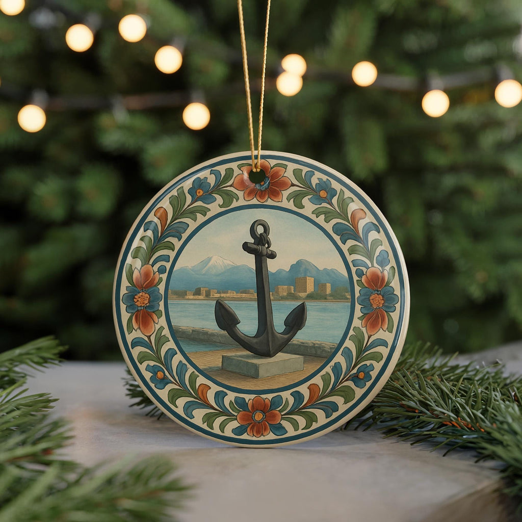 Anchor Landmark Ceramic Ornament with Circular Floral Border – Nautical Keepsake Featuring Iconic Anchor View — photo 5