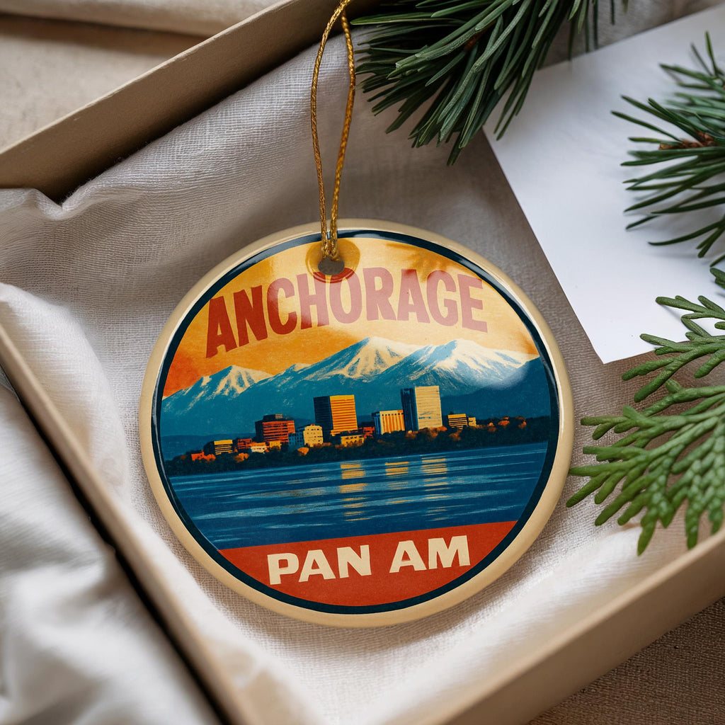 Anchorage USA Ceramic Ornament – Pan Am Poster Design Featuring Iconic Anchorage Landmark and Scenic View — photo 1