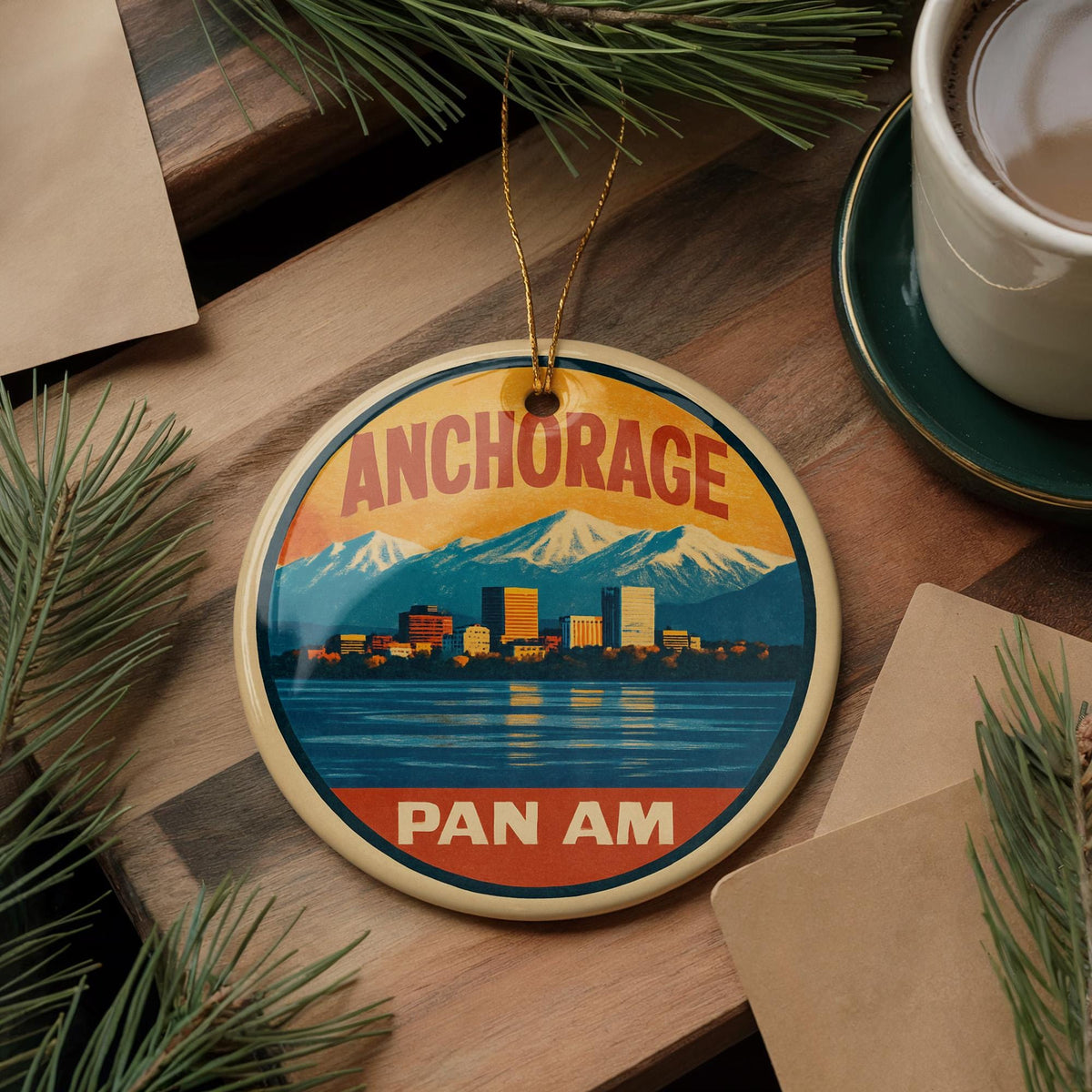 Anchorage USA Ceramic Ornament – Pan Am Poster Design Featuring Iconic Anchorage Landmark and Scenic View — photo 3