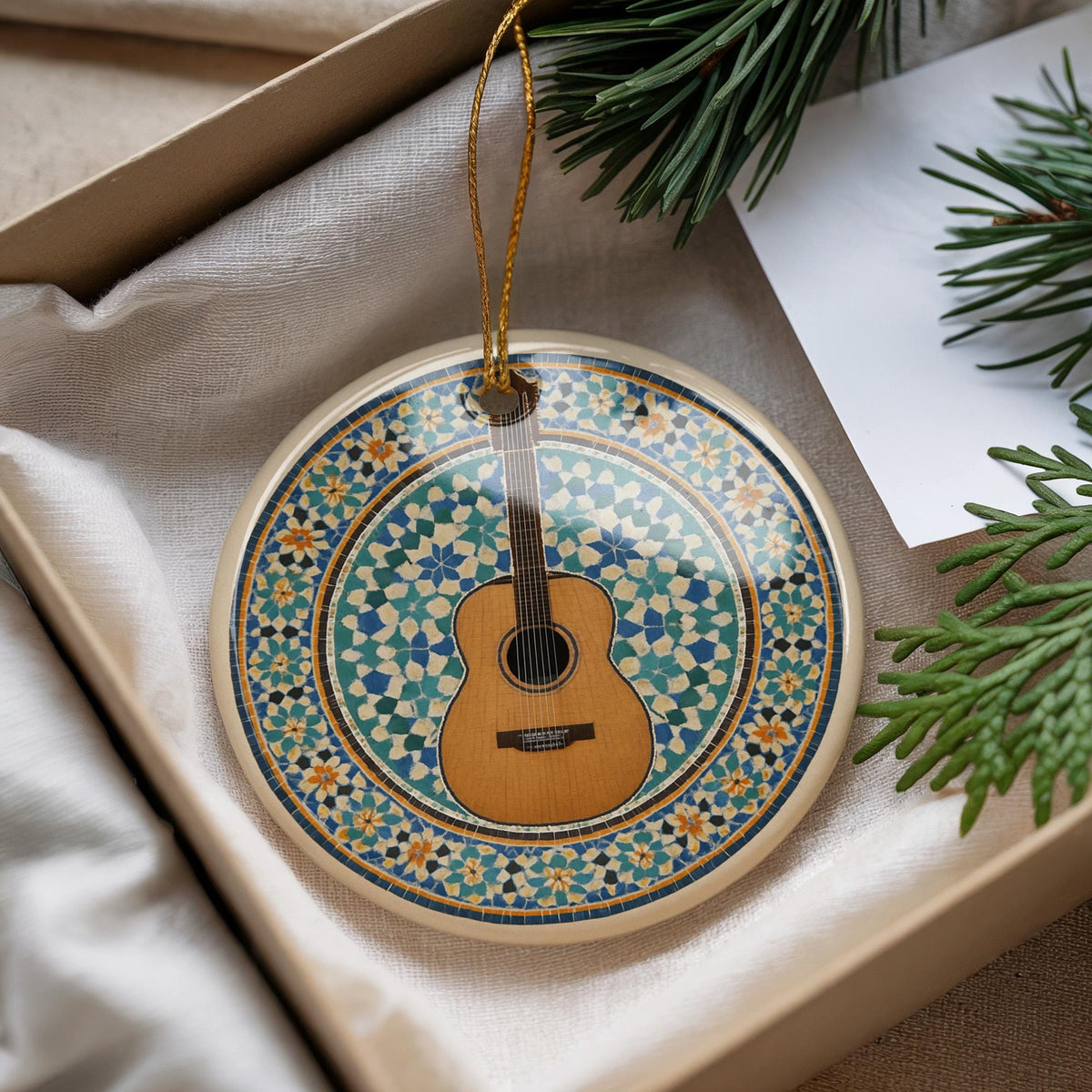 Acoustic Guitar Ornament with Moroccan Mosaic Medallion and Iconic Guitar Landmark Design – Ceramic Holiday Decor — photo 2