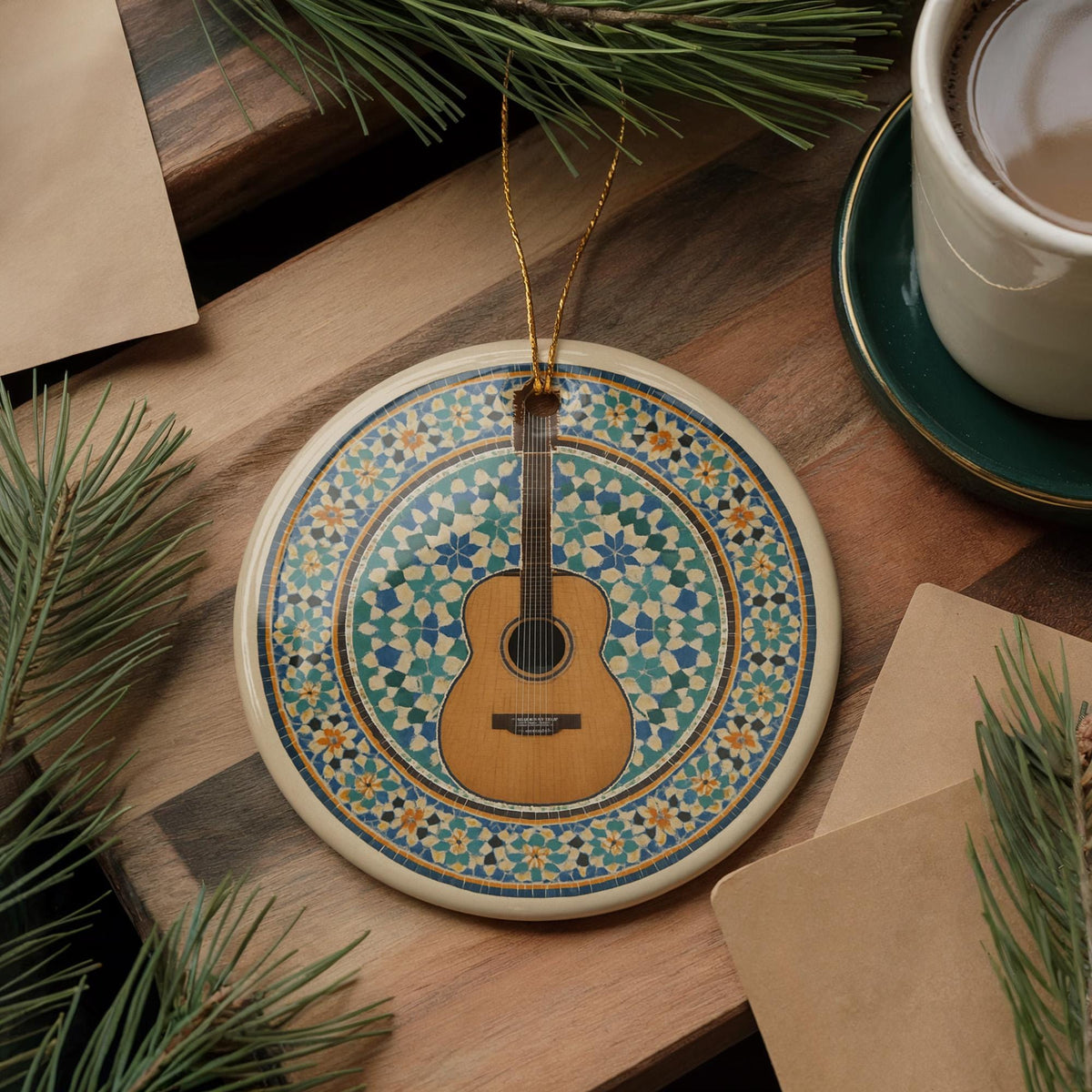 Acoustic Guitar Ornament with Moroccan Mosaic Medallion and Iconic Guitar Landmark Design – Ceramic Holiday Decor — photo 3