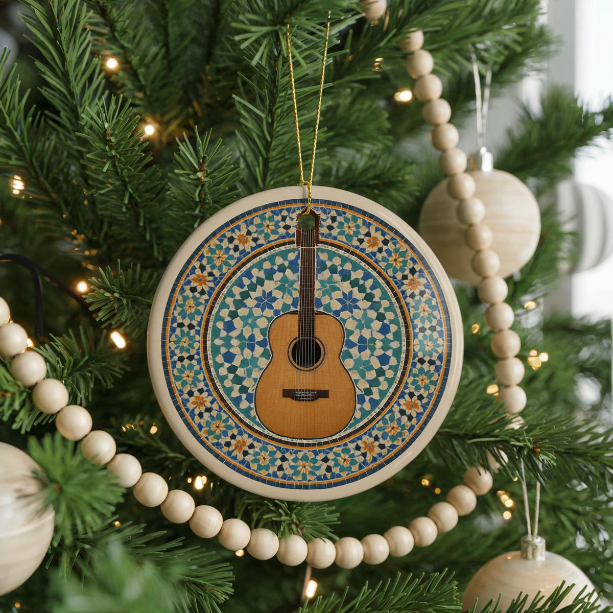Acoustic Guitar Ornament with Moroccan Mosaic Medallion and Iconic Guitar Landmark Design – Ceramic Holiday Decor — photo 4