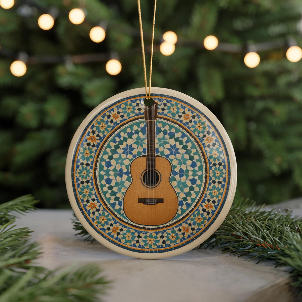 Acoustic Guitar Ornament with Moroccan Mosaic Medallion and Iconic Guitar Landmark Design – Ceramic Holiday Decor — photo 5