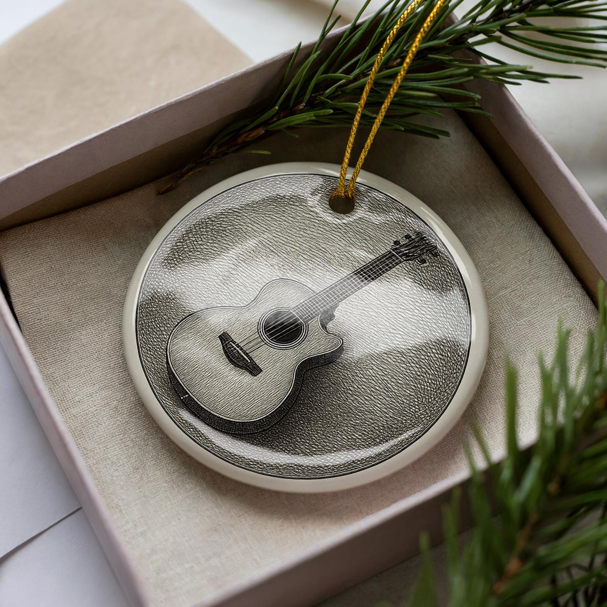 Acoustic Guitar Cutaway Ceramic Ornament Featuring Iconic Guitar Design and Circular Victorian-Inspired Detailing — photo 2