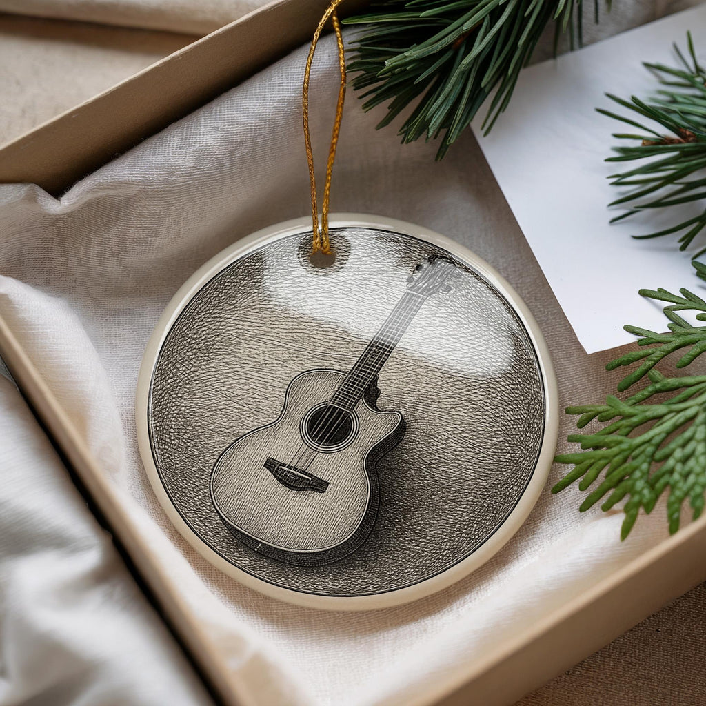 Acoustic Guitar Cutaway Ceramic Ornament Featuring Iconic Guitar Design and Circular Victorian-Inspired Detailing — photo 3