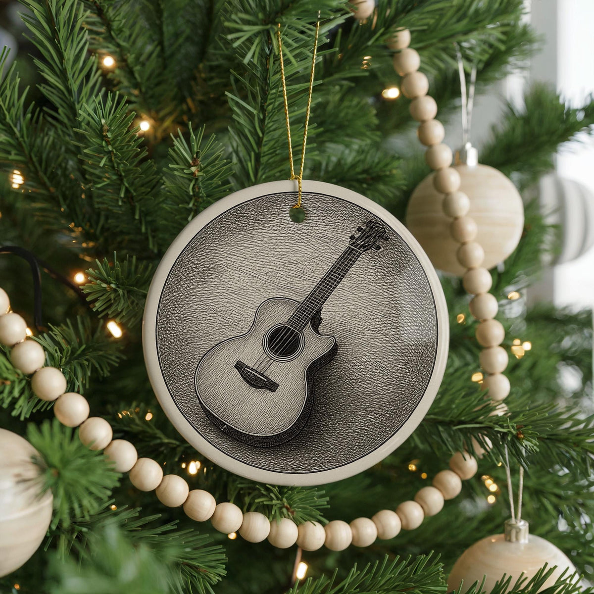 Acoustic Guitar Cutaway Ceramic Ornament Featuring Iconic Guitar Design and Circular Victorian-Inspired Detailing — photo 4