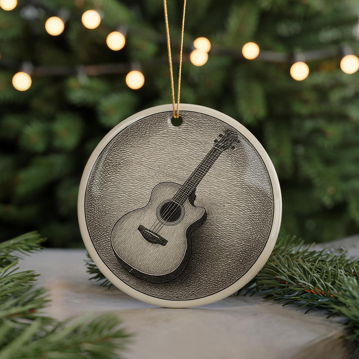Acoustic Guitar Cutaway Ceramic Ornament Featuring Iconic Guitar Design and Circular Victorian-Inspired Detailing — photo 5