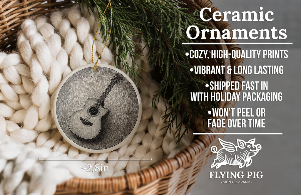 Acoustic Guitar Cutaway Ceramic Ornament Featuring Iconic Guitar Design and Circular Victorian-Inspired Detailing — photo 6