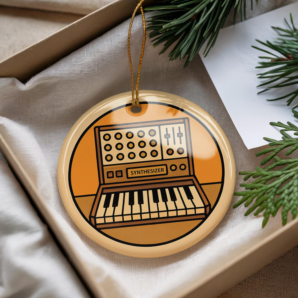 Analog Synthesizer Ceramic Ornament – Retro Music Gear Design Featuring Iconic Synth with Knobs and Patch Cables — photo 2