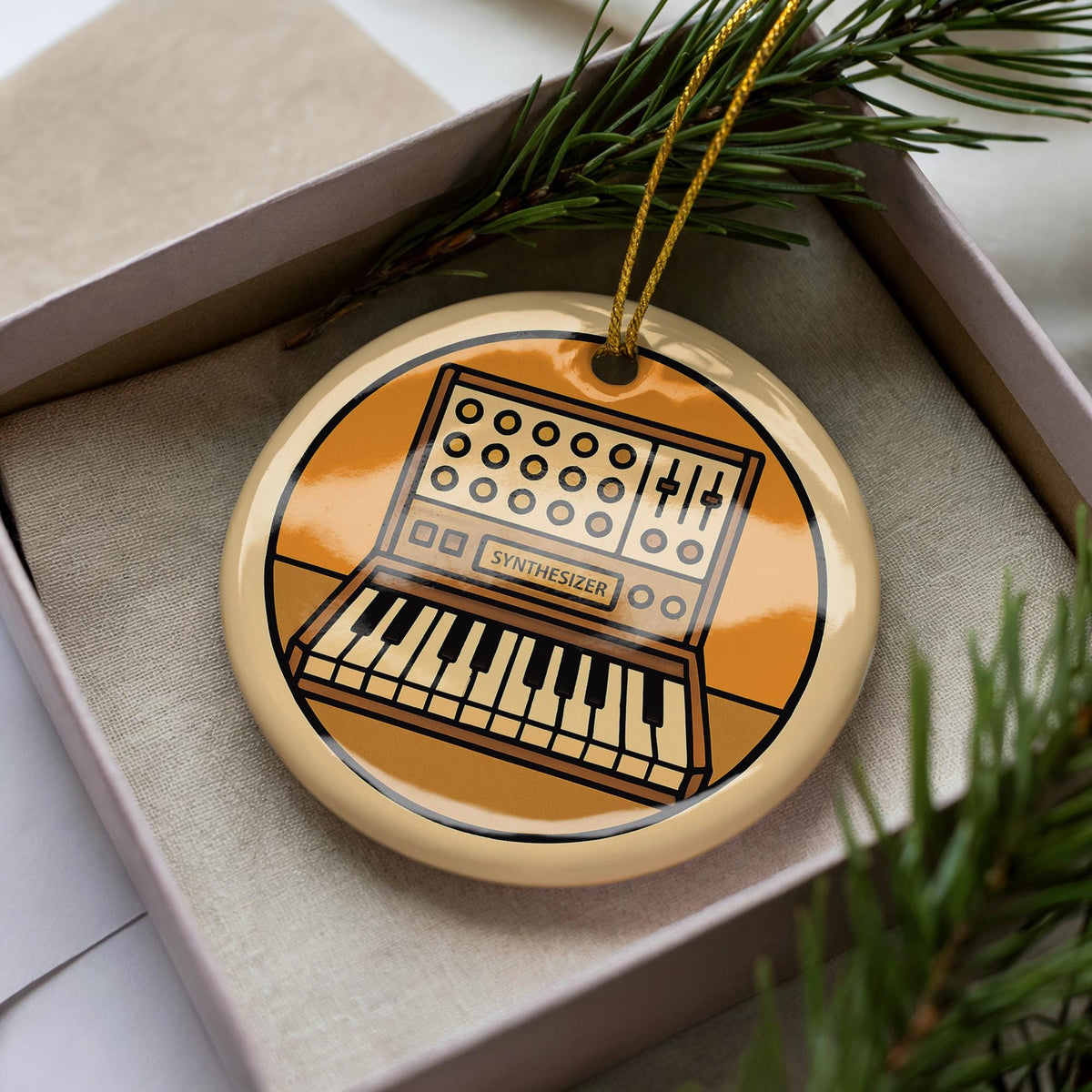 Analog Synthesizer Ceramic Ornament – Retro Music Gear Design Featuring Iconic Synth with Knobs and Patch Cables — photo 3