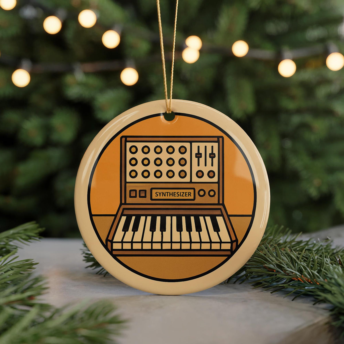 Analog Synthesizer Ceramic Ornament – Retro Music Gear Design Featuring Iconic Synth with Knobs and Patch Cables — photo 5