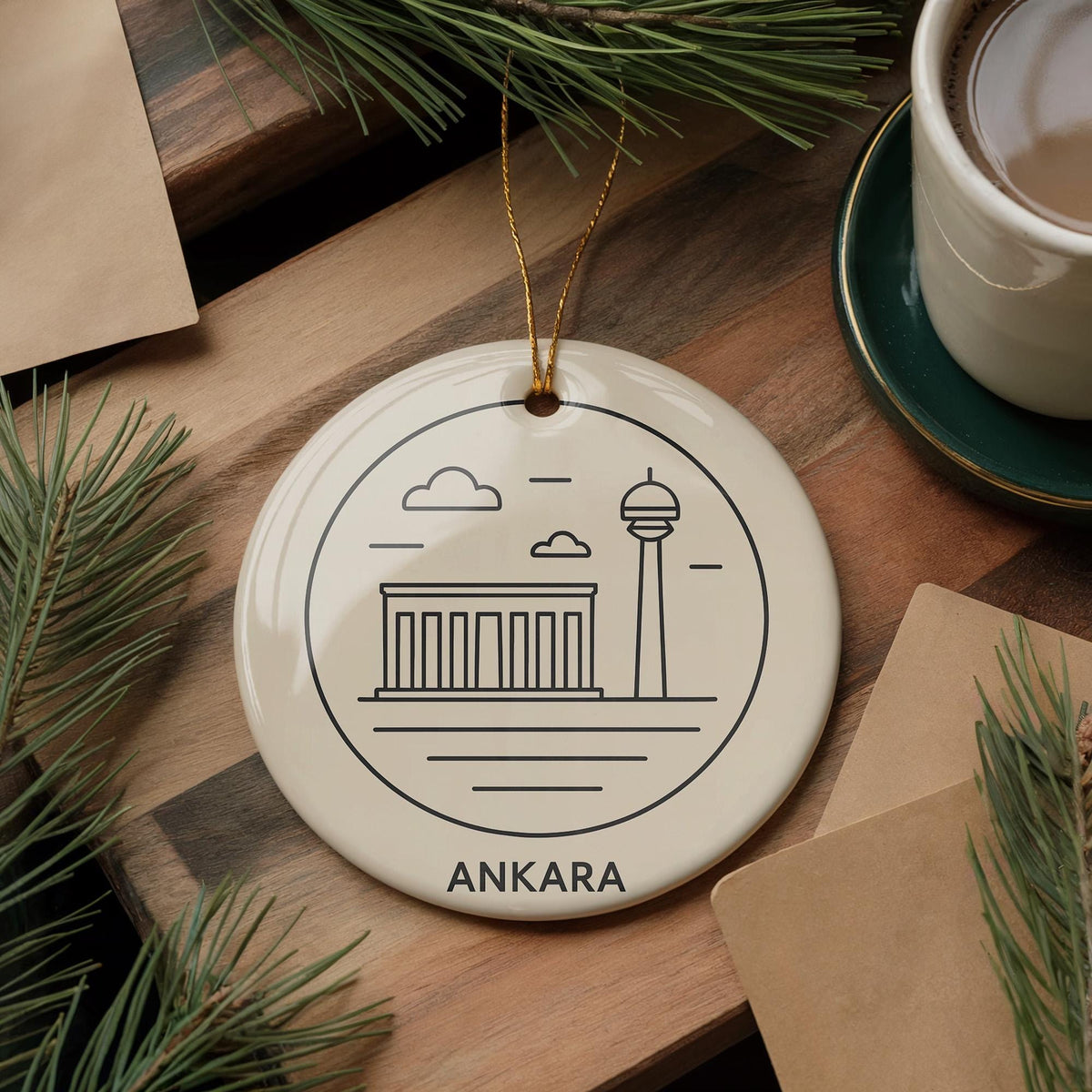 Ankara Türkiye Map Ornament – Circular Minimalist Design Featuring Iconic Ankara Landmark Ceramic Ornament — photo 1