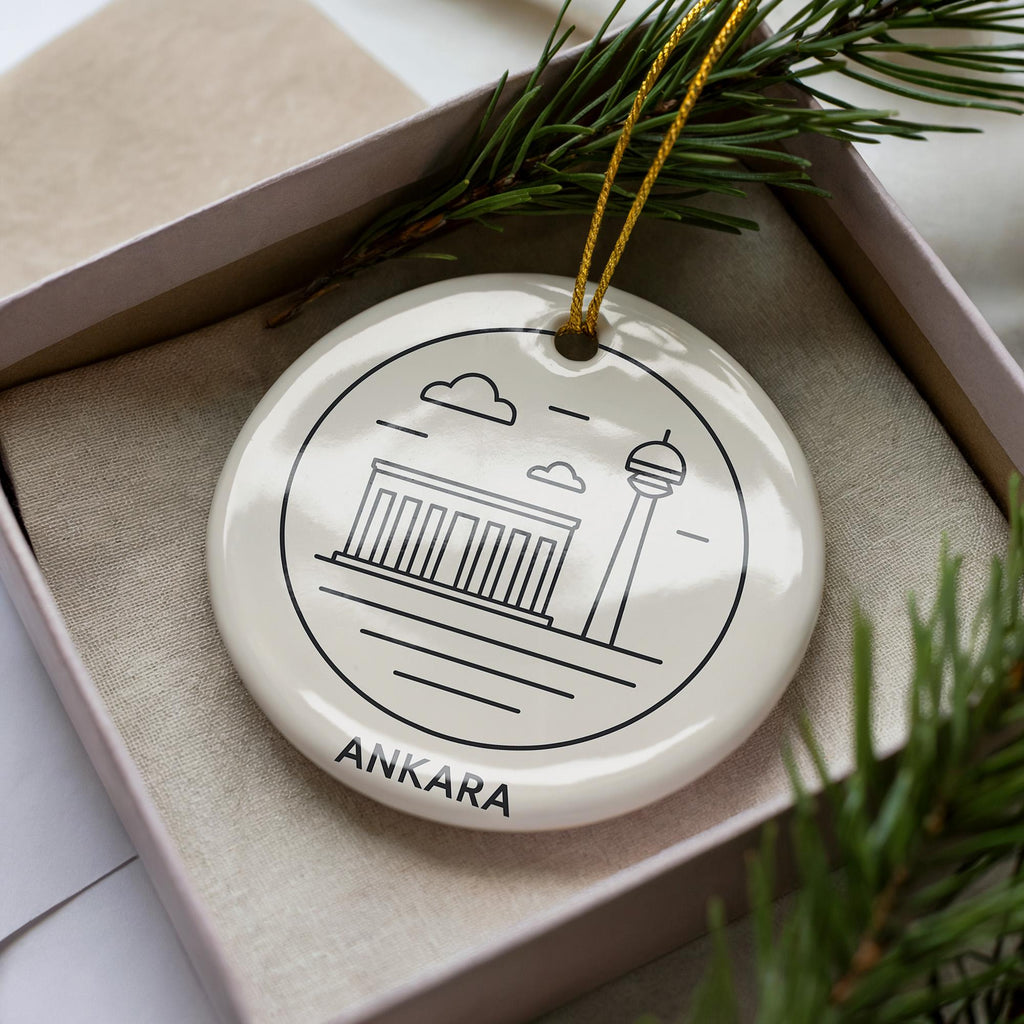 Ankara Türkiye Map Ornament – Circular Minimalist Design Featuring Iconic Ankara Landmark Ceramic Ornament — photo 3