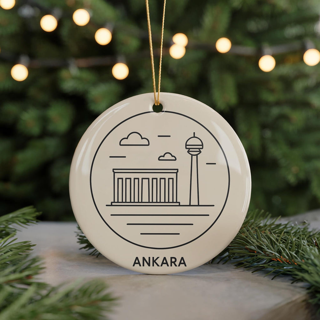 Ankara Türkiye Map Ornament – Circular Minimalist Design Featuring Iconic Ankara Landmark Ceramic Ornament — photo 5