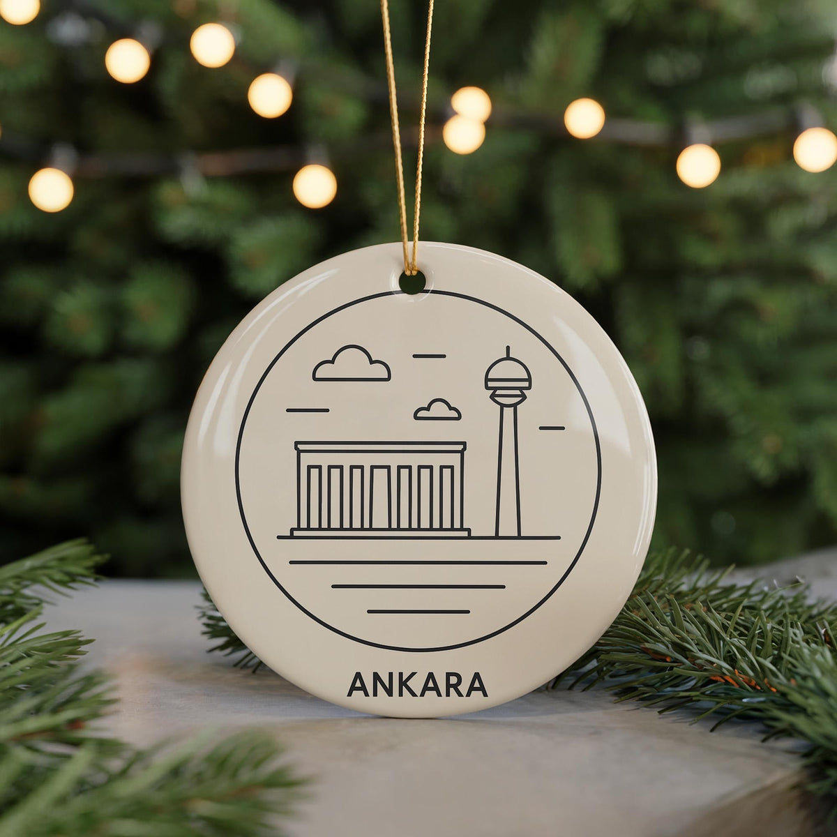 Ankara Türkiye Map Ornament – Circular Minimalist Design Featuring Iconic Ankara Landmark Ceramic Ornament — photo 5