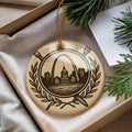 Artist Ceramic Ornament – Circular Heraldic Shield with Laurel Branches, Art Tools, and Iconic Landmark Scene — photo 1