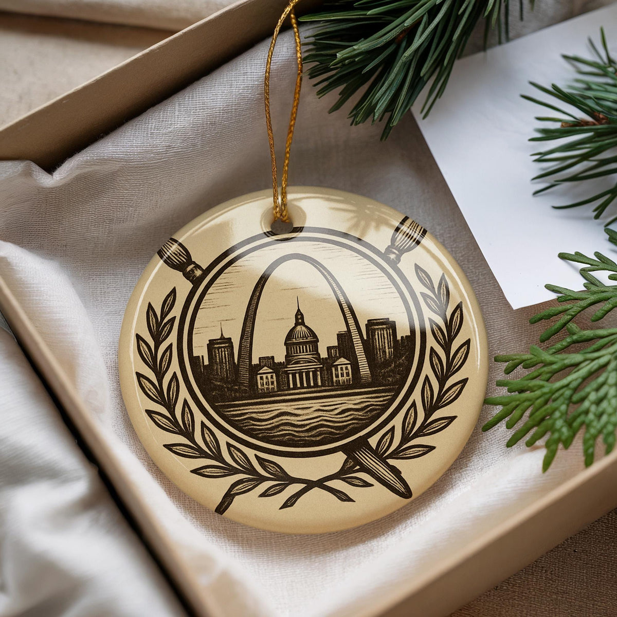 Artist Ceramic Ornament – Circular Heraldic Shield with Laurel Branches, Art Tools, and Iconic Landmark Scene — photo 1