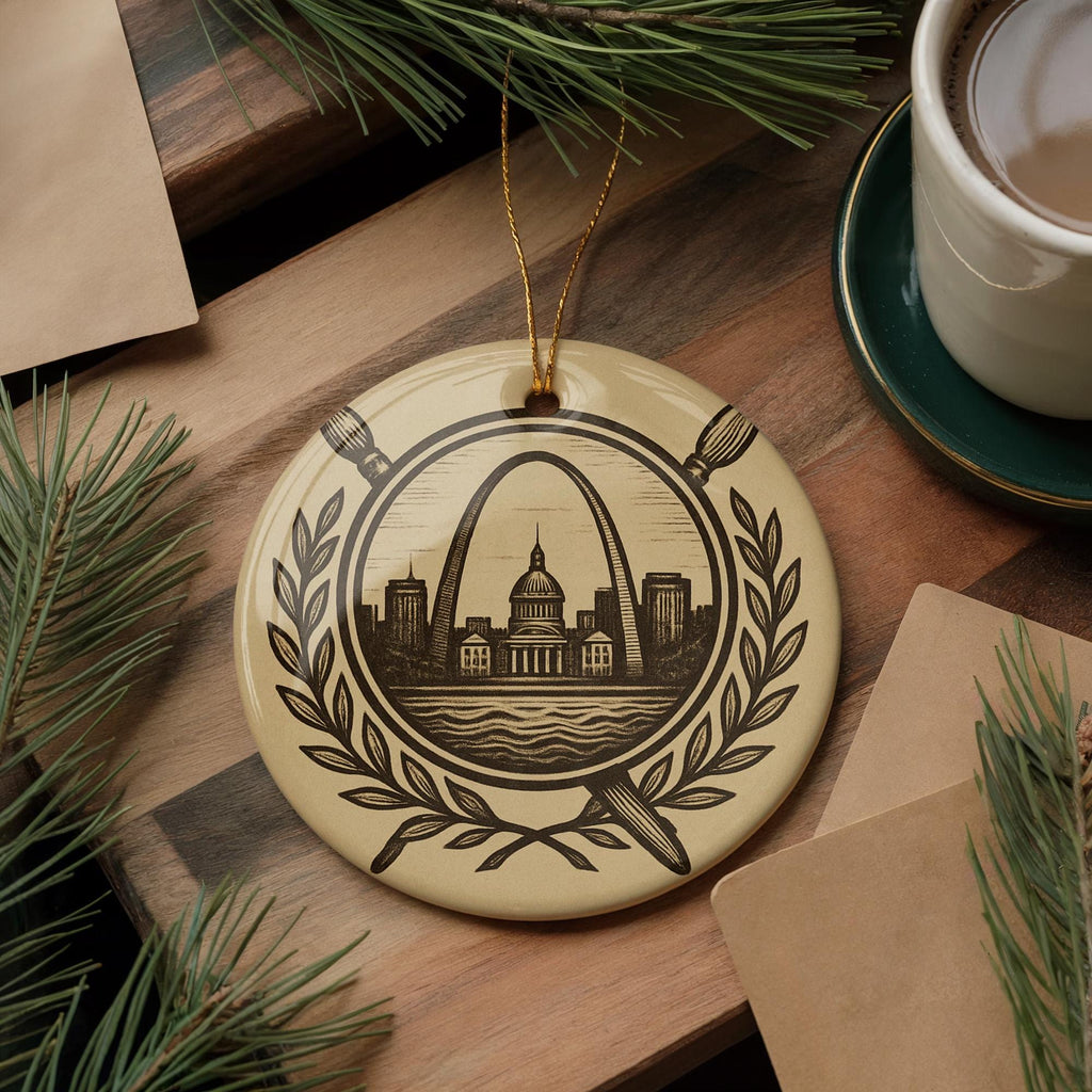 Artist Ceramic Ornament – Circular Heraldic Shield with Laurel Branches, Art Tools, and Iconic Landmark Scene — photo 2