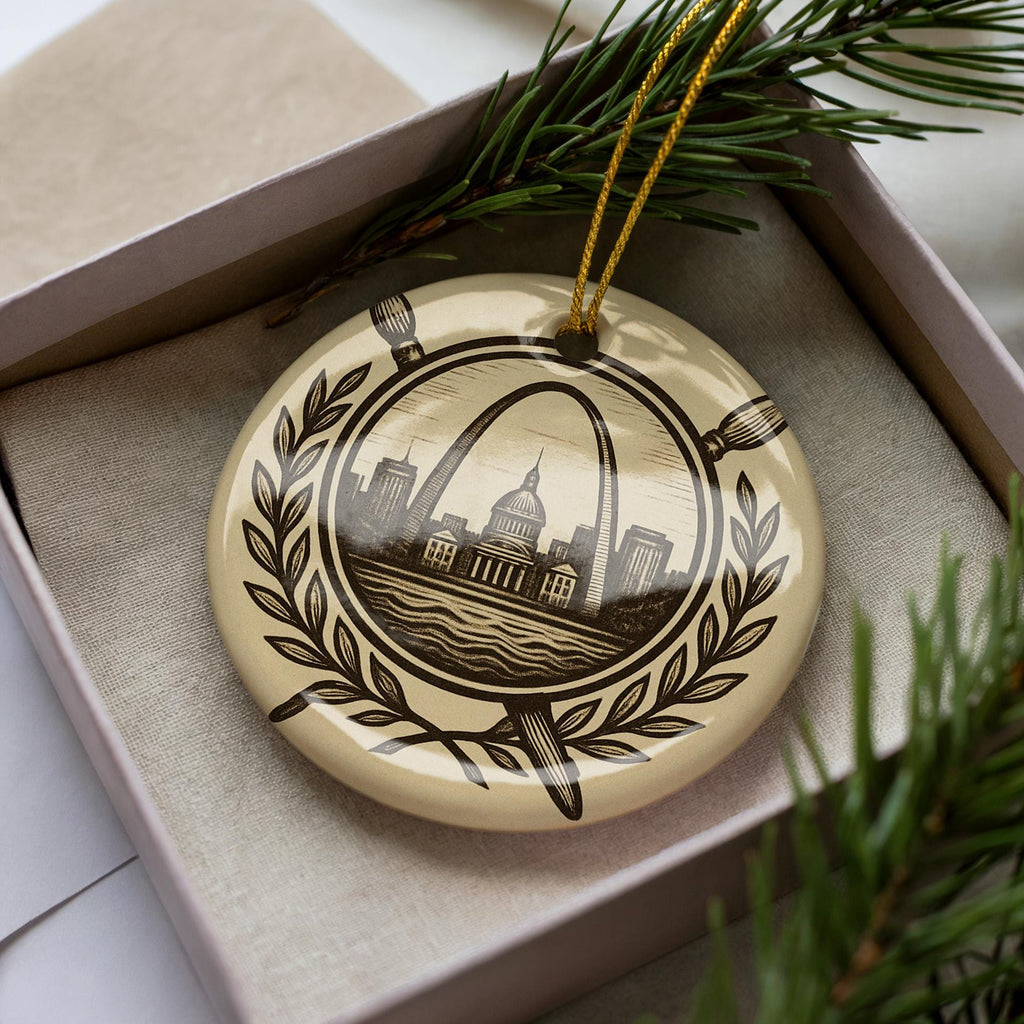 Artist Ceramic Ornament – Circular Heraldic Shield with Laurel Branches, Art Tools, and Iconic Landmark Scene — photo 3
