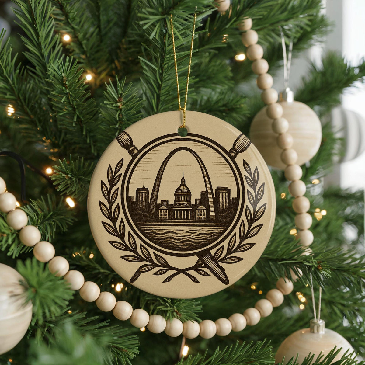 Artist Ceramic Ornament – Circular Heraldic Shield with Laurel Branches, Art Tools, and Iconic Landmark Scene — photo 4
